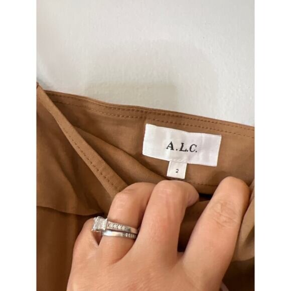 NEW A.L.C. Sylvie Linen Halter-Neckline Asymmetric Pleat Midi Dress Brown Size:2 - Picture 4 of 7